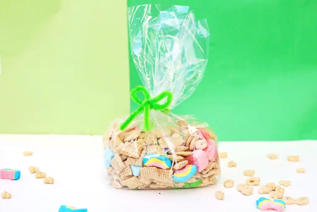 Leprechaun Bait Snack Mix - Cultivating Brilliant Minds Leprechaun Bait Snack Mix that has chex mix, m&ms, and lucky charms cereal in it