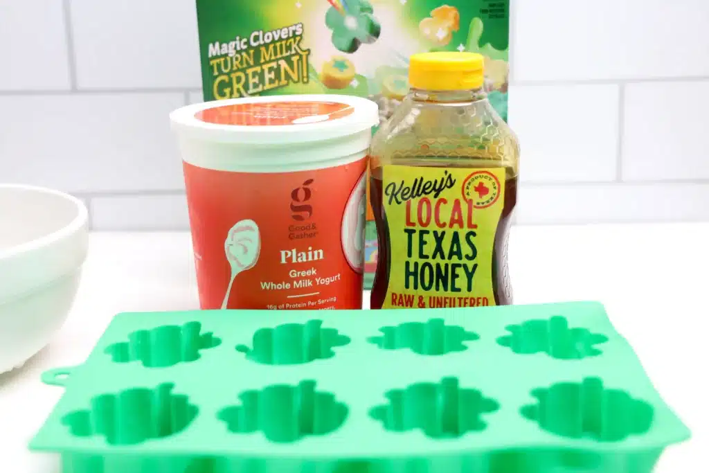 Lucky Charms Yogurt Clovers-2 - Cultivating Brilliant Minds yogurt, honey, lucky charms, and clover shaped silicon mold