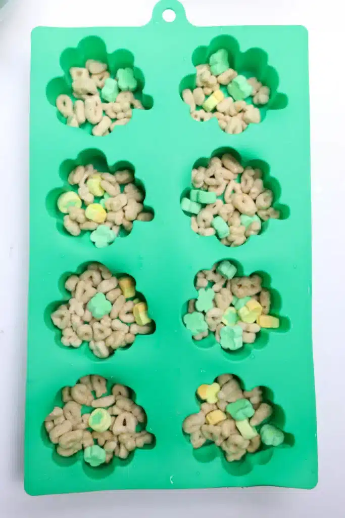 Lucky Charms Yogurt Clovers - Cultivating Brilliant Minds a clover silicon mold that has lucky charms in it