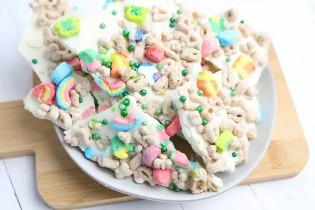 Lucky Charms Bark for St. Patrick's Day - Cultivating Brilliant Minds lucky charms bark with white chocolate, lucky charms cereal, and green sprinkles