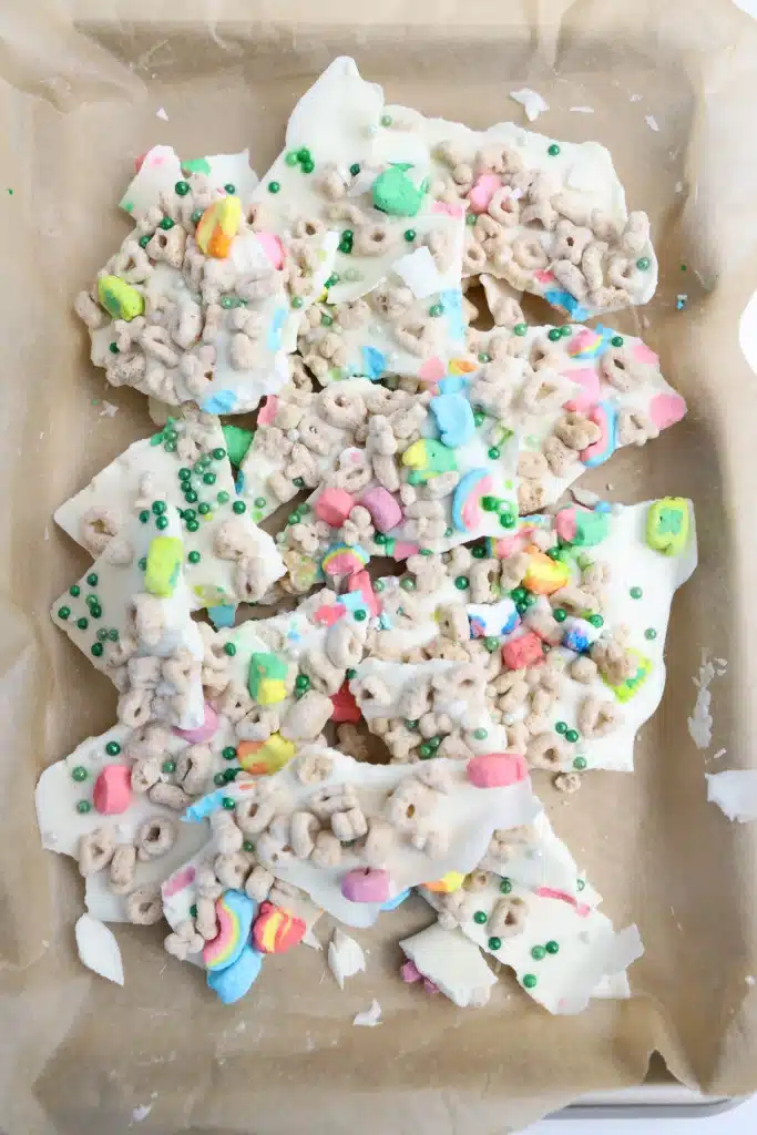 Lucky Charms Bark for St. Patrick's Day - Cultivating Brilliant Minds lucky charms bark with white chocolate, lucky charms cereal, and green sprinkles