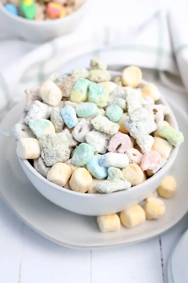 st. patrick's day muddie buddies in a white bowl
