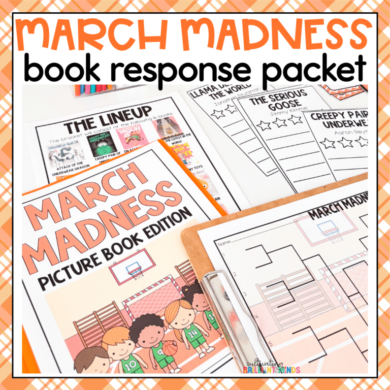 A packet of worksheets for a march madness book tournament