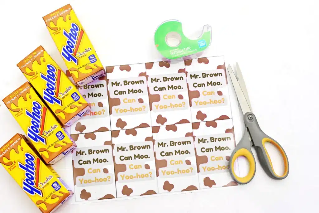 Dr. Seuss Mr. Brown Can Moo Can YooHoo Printable - Cultivating Brilliant Minds yoo-hoos, scissors, tape, and printables that read "Mr. Brown Can Moo, Can Yoo-Hoo?