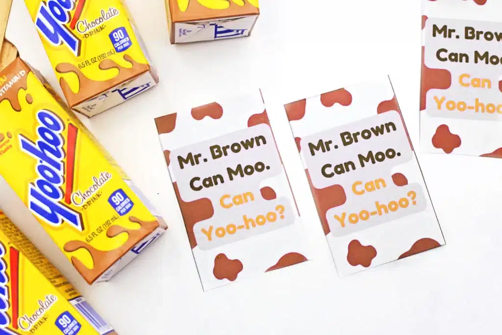 Dr. Seuss Mr. Brown Can Moo Can YooHoo Printable - Cultivating Brilliant Minds yoo-hoos next to printables that read "Mr. Brown Can Moo, Can Yoo-Hoo?