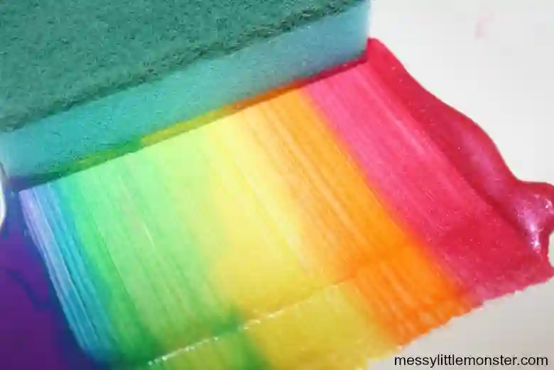 Easy Rainbow Art Projects for St. Patrick's Day - Cultivating Brilliant Minds a sponge that has paint on it in the order of a rainbow for a sponge painted rainbow