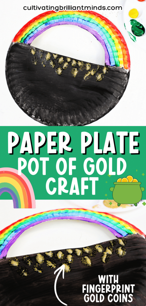 Paper Plate Pot of Gold with Fingerprint Coins - Cultivating Brilliant Minds a paper plate with a semi circle cut out of the top painted to look like a pot of gold with a rainbow on top