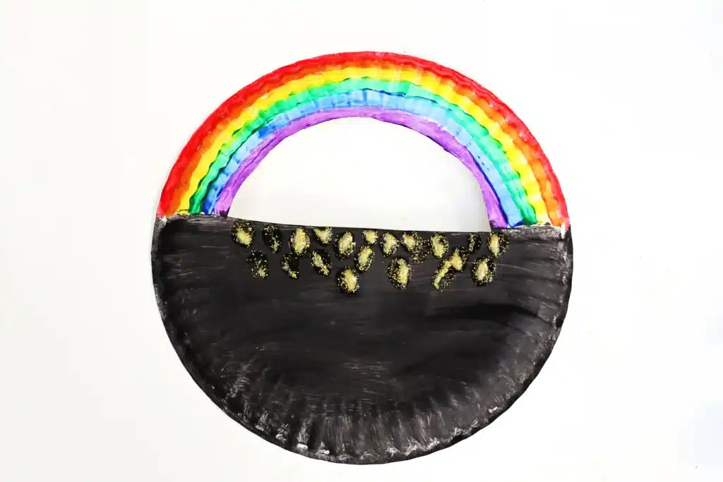 Paper Plate Pot of Gold with Fingerprint Coins - Cultivating Brilliant Minds a paper plate with a semi circle cut out of the top painted to look like a pot of gold with a rainbow on top