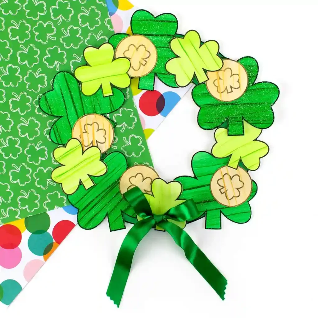 St. Patrick's Day Crafts For Kids - Cultivating Brilliant Minds a wreath made out of paper shamrocks and gold coins