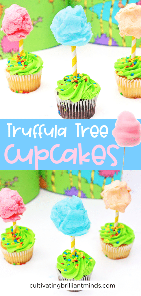 Truffula Tree Cupcakes - Cultivating Brilliant Minds truffula tree cupcakes that are cupcakes with a straw in them that have cotton candy attached to the top