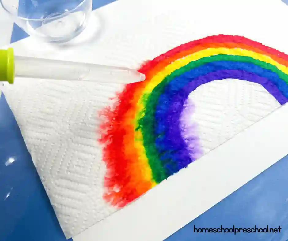 Easy Rainbow Art Projects for St. Patrick's Day - Cultivating Brilliant Minds a rainbow drawn on a paper towel with a pipette dripping water on it