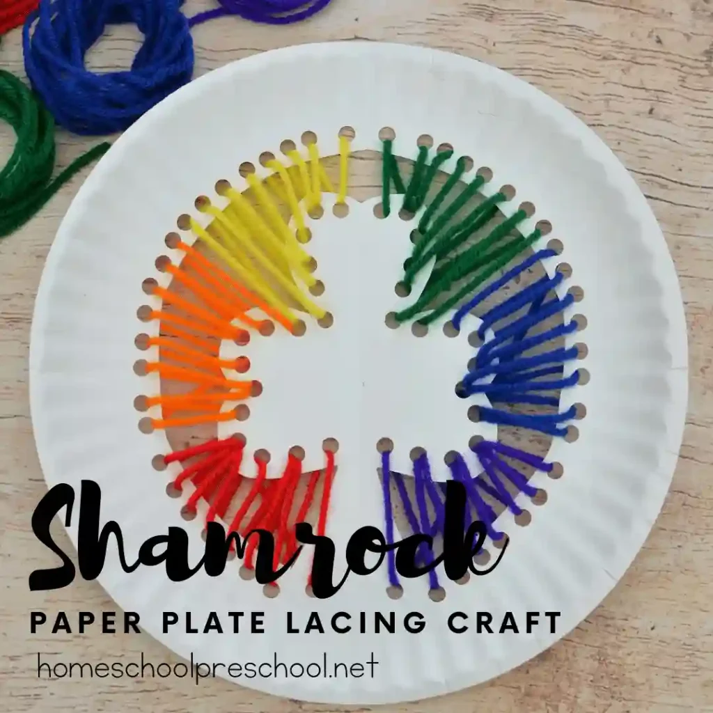 St. Patrick's Day Paper Plate Crafts - Cultivating Brilliant Minds A paper plate with yarn attached that looks like a shamrock