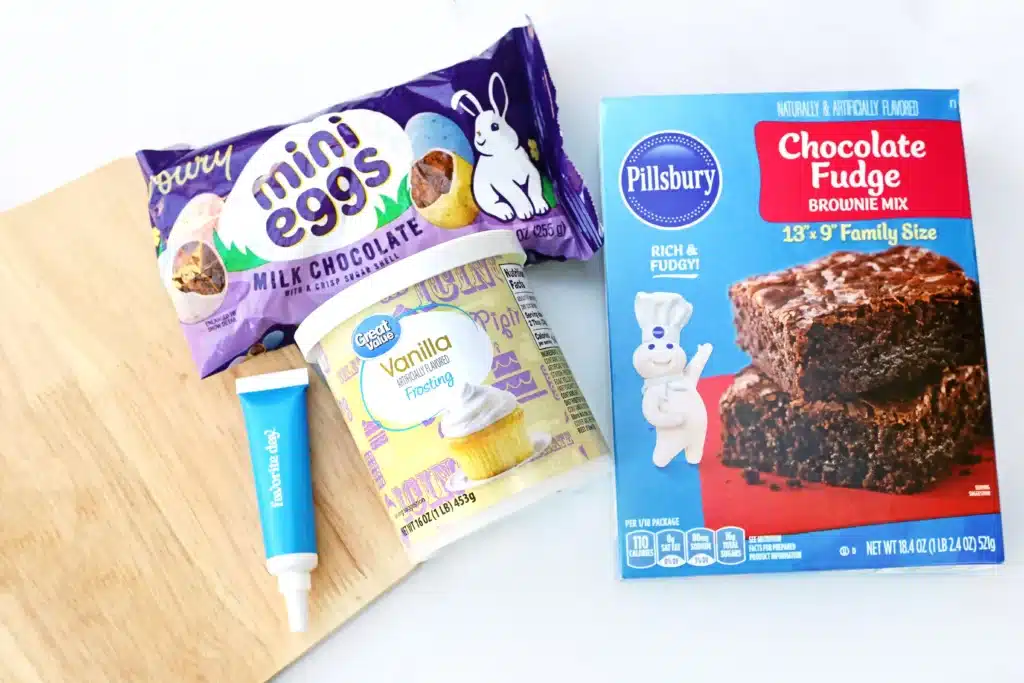 Robin Egg Brownies - Cultivating Brilliant Minds mini cadbury eggs, icing, blue food coloring, and a box of brownies