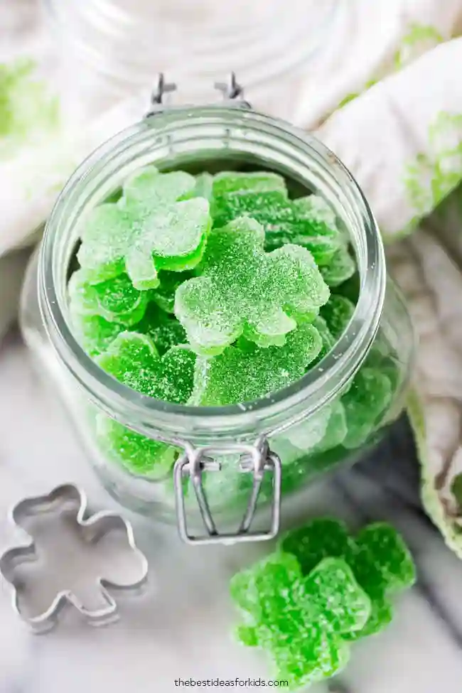 St. Patrick's Day Treats for Kids - Cultivating Brilliant Minds homemade gummies in the shape of a shamrock