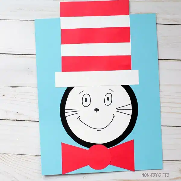 Dr Seuss Crafts for Kids - Cultivating Brilliant Minds a construction paper cat in the hat craft where basic shapes are put together to make the cat in the hat