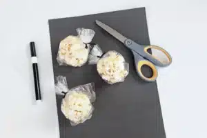 Sheep Popcorn Balls - Cultivating Brilliant Minds popcorn balls in bags, black marker, black construction paper, and scissors