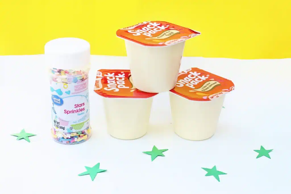 Sneetches Pudding Cups - Cultivating Brilliant Minds vanilla pudding cups and sprinkles