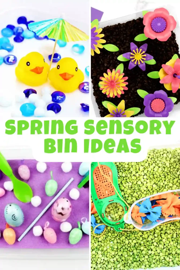 a collage of spring sensory bins