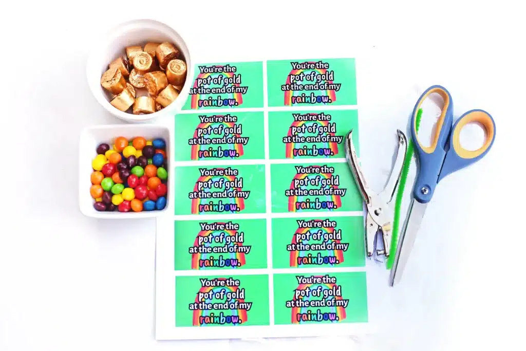 St Patrick's Day Favor Tags - Cultivating Brilliant Minds gift tags that read "You're the pot of gold at the end of my rainbow" next to skittles and rolos