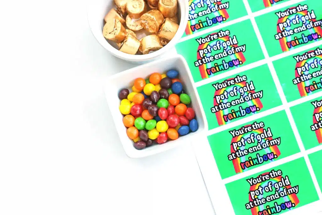 St Patrick's Day Favor Tags - Cultivating Brilliant Minds gift tags that read "You're the pot of gold at the end of my rainbow" next to skittles and rolos