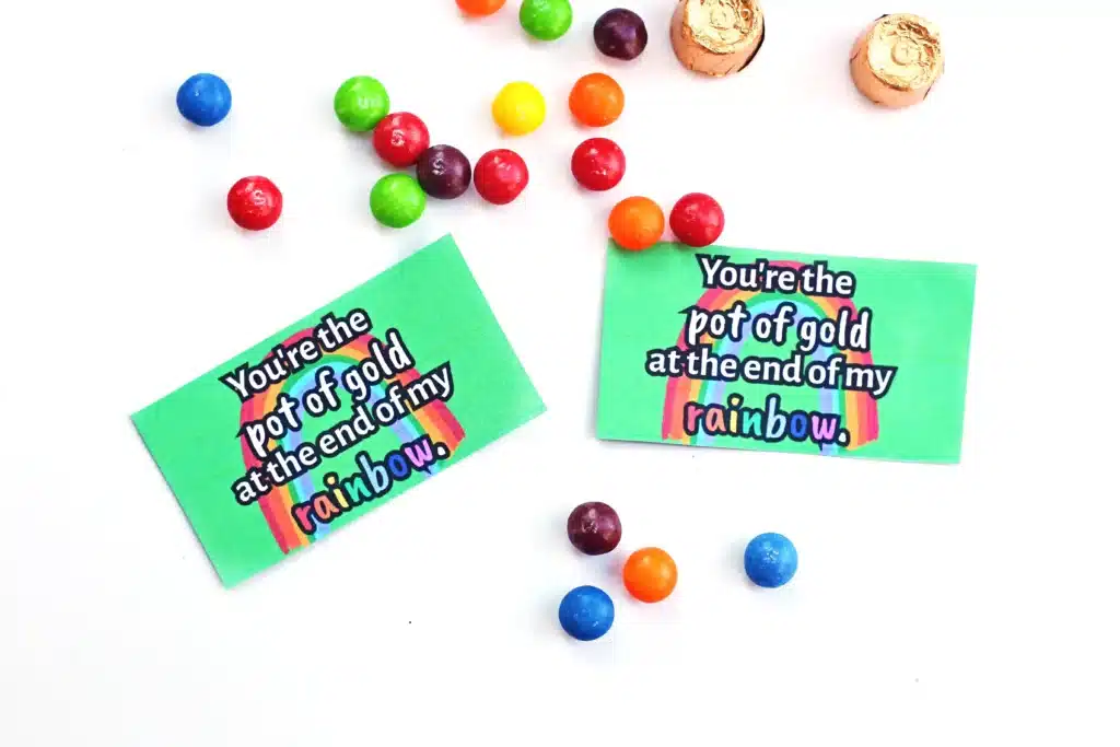 St Patrick_s Day Favor Tags 3 - Cultivating Brilliant Minds gift tags that read "You're the pot of gold at the end of my rainbow" next to candy