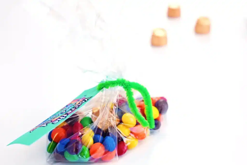 St Patrick's Day Favor Tags - Cultivating Brilliant Minds a bag full of skittles and rolos