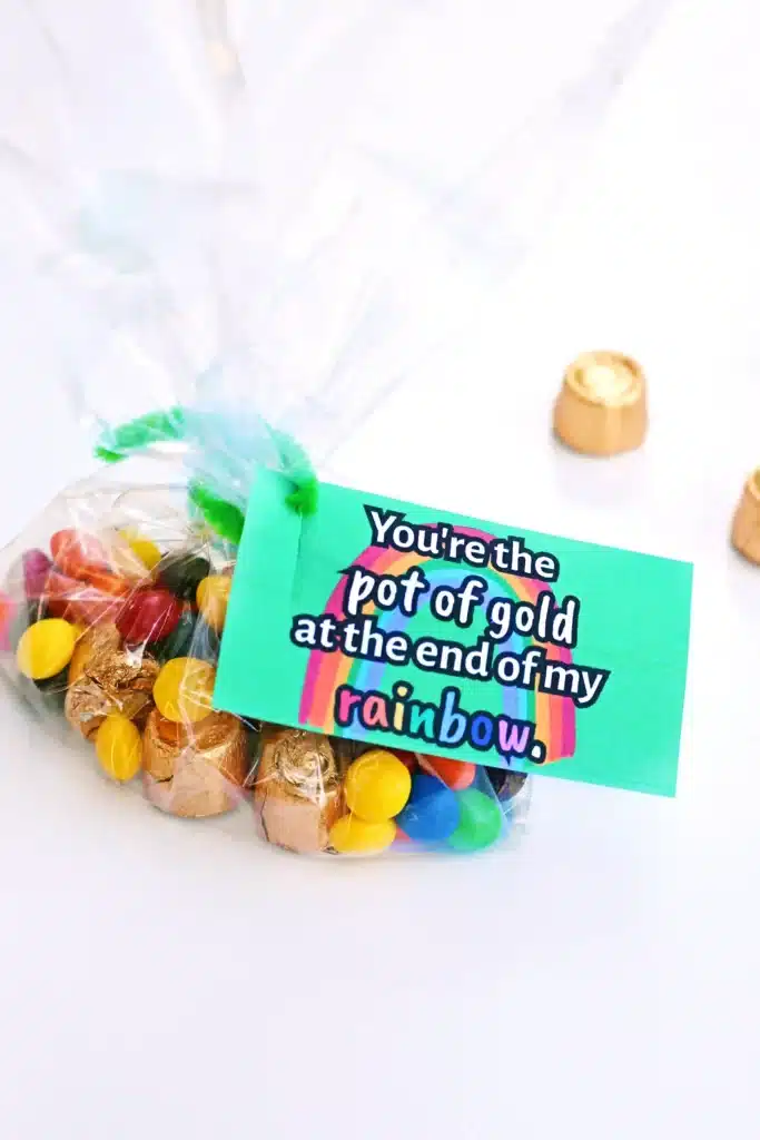 St Patrick's Day Favor Tags - Cultivating Brilliant Minds a bag of candy with a tag attached that says "You're the pot of gold at the end of my rainbow"