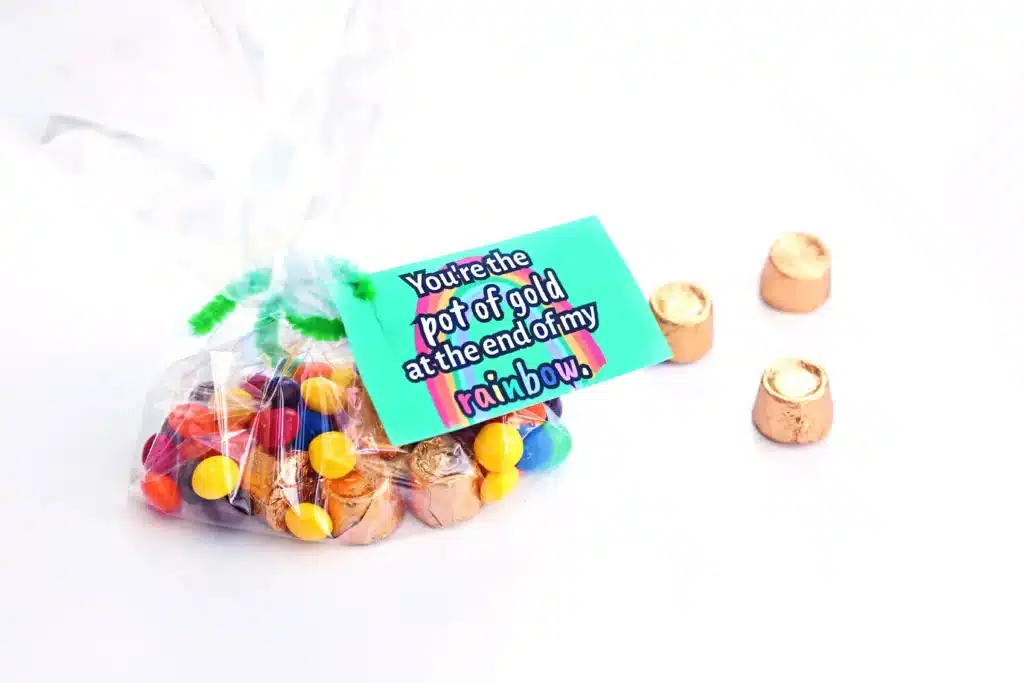 St Patrick's Day Favor Tags - Cultivating Brilliant Minds a bag of candy with a tag attached that says "You're the pot of gold at the end of my rainbow"