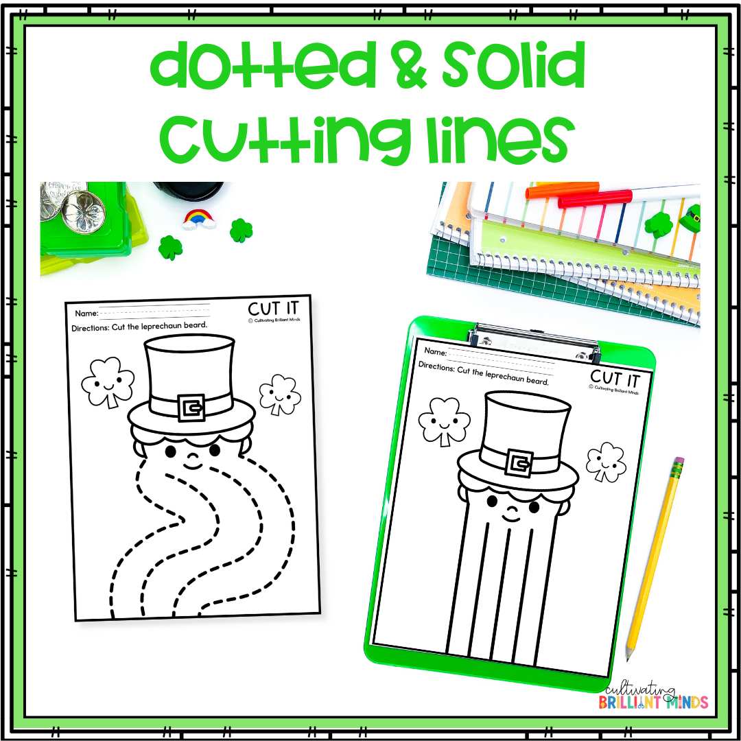 St Patricks Day Cutting - Cultivating Brilliant Minds worksheets with leprechaun beards that students cut