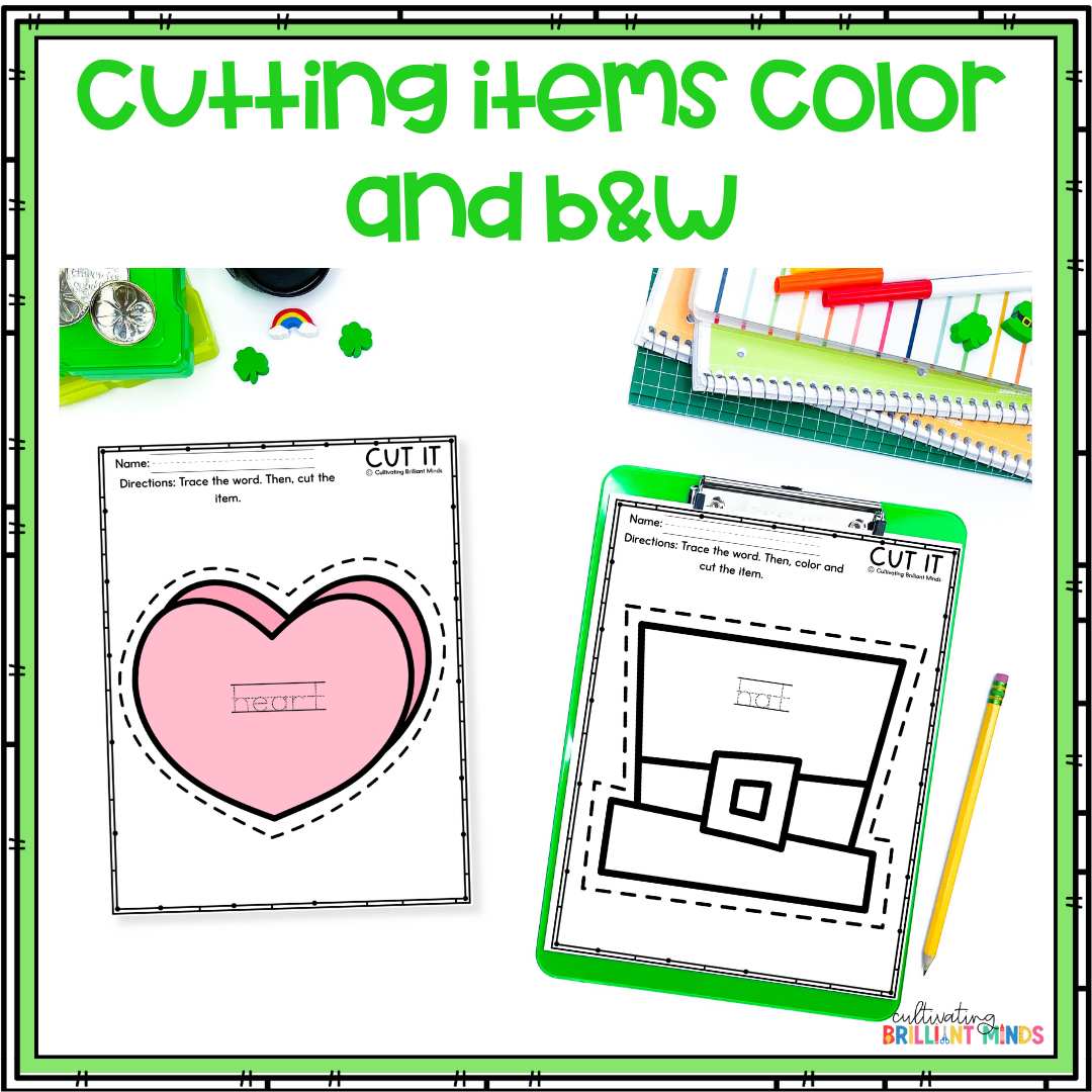 St Patricks Day Cutting - Cultivating Brilliant Minds a leprechaun hat and heart with dotted lines around it