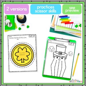 worksheets of a leprechaun with a dotted line beard and a gold coin with dotted lines around it