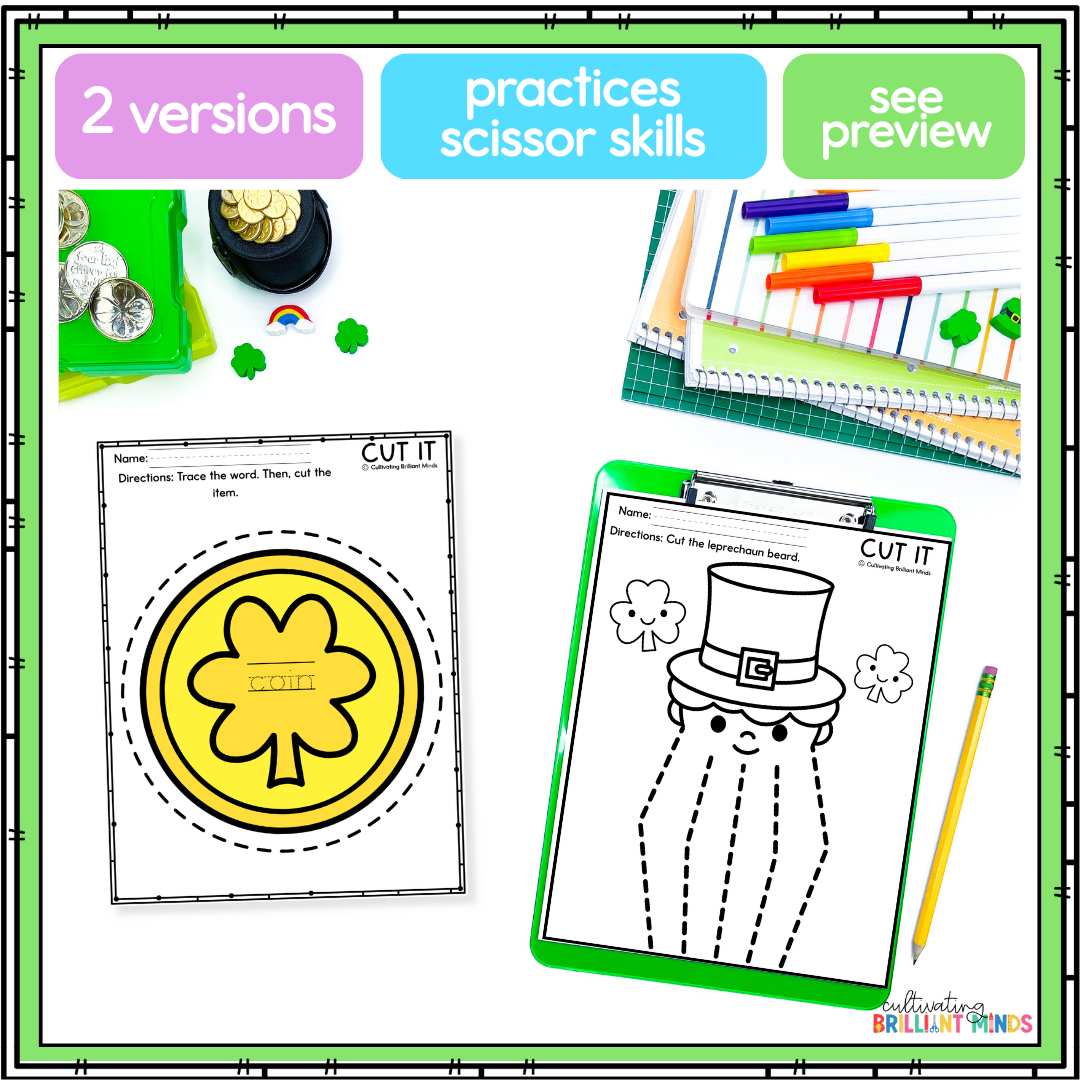 St Patricks Day Cutting - Cultivating Brilliant Minds worksheets of a leprechaun with a dotted line beard and a gold coin with dotted lines around it