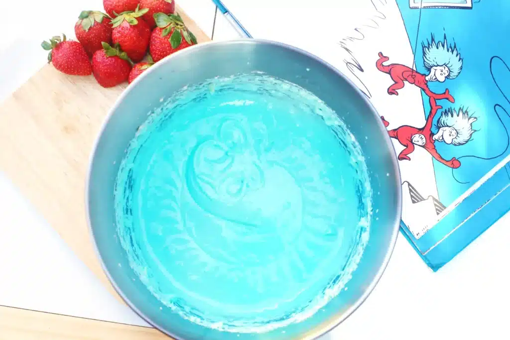 Thing 1 Thing 2 Fruit Dip - Cultivating Brilliant Minds blue dyed fruit dip to represent thing 1 and thing 2 from the dr. seuss books