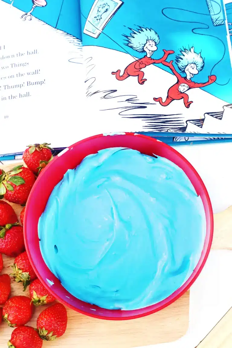 blue dyed fruit dip to represent thing 1 and thing 2 from the dr. seuss books