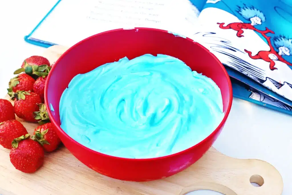 Thing 1 Thing 2 Fruit Dip - Cultivating Brilliant Minds blue fruit dip in a red bowl