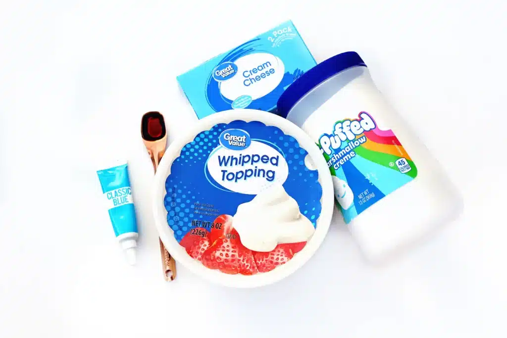 Thing 1 Thing 2 Fruit Dip - Cultivating Brilliant Minds whipped topping, marshmallow topping, cream cheese, and blue food dye