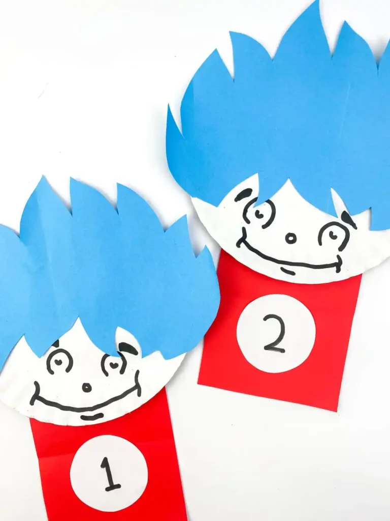 Dr Seuss Crafts for Kids - Cultivating Brilliant Minds thing 1 and thing 2 craft made out of paper plates
