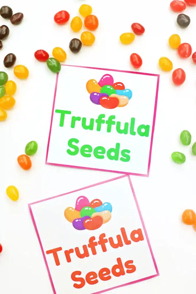 Dr. Seuss Truffula Seeds Printable - Cultivating Brilliant Minds jelly beans with a printable that reads "truffula seeds"