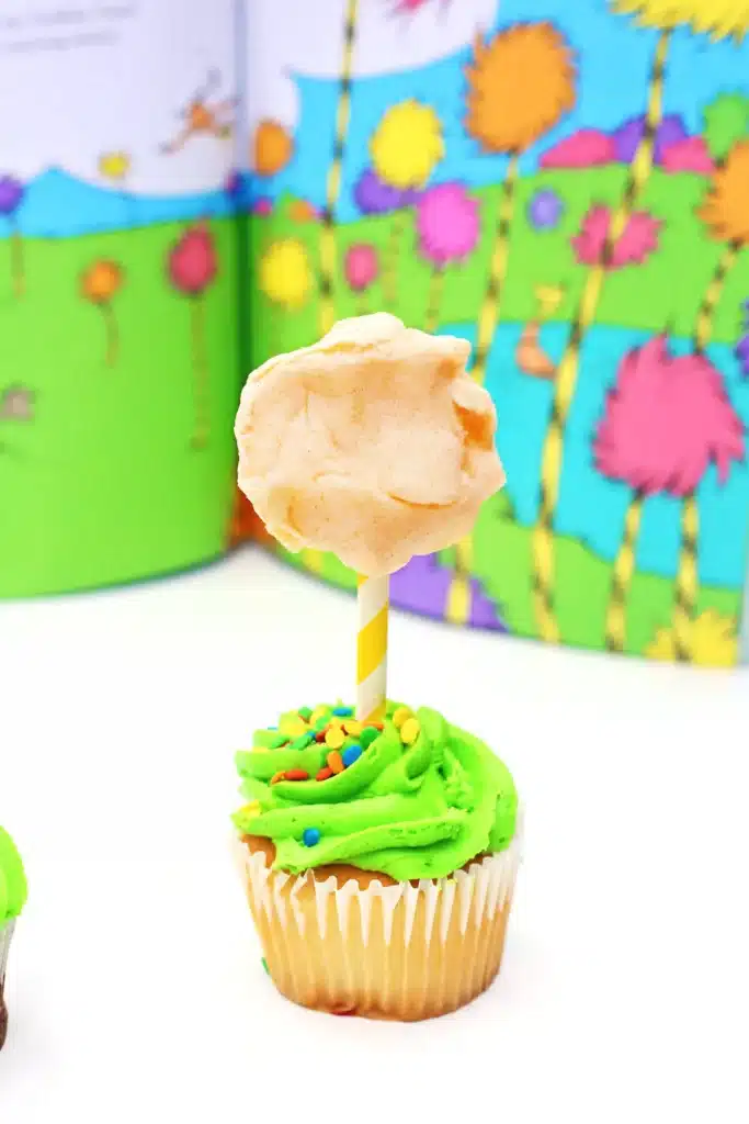 Truffula Tree Cupcakes - Cultivating Brilliant Minds truffula tree cupcakes that are cupcakes with a straw in them that have cotton candy attached to the top
