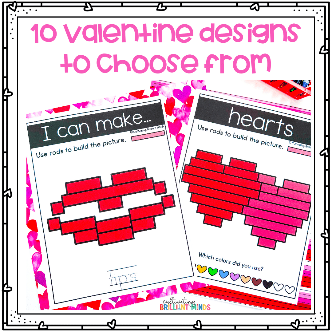 Valentine cuisenaire rods - Cultivating Brilliant Minds lips and hearts images made out of cuisenaire rods.