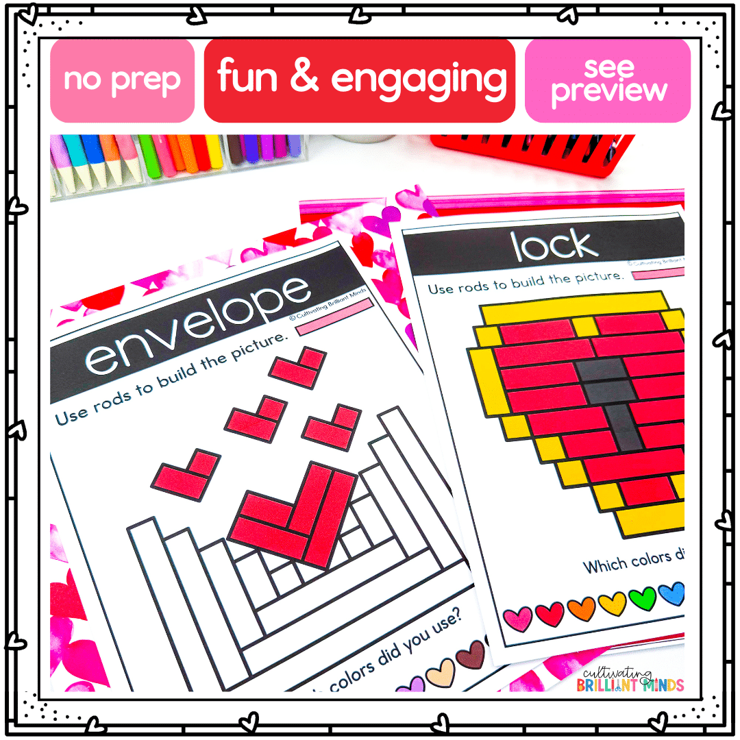Valentine cuisenaire rods - Cultivating Brilliant Minds an envelope and heart lock image made out of cuisenaire rods.