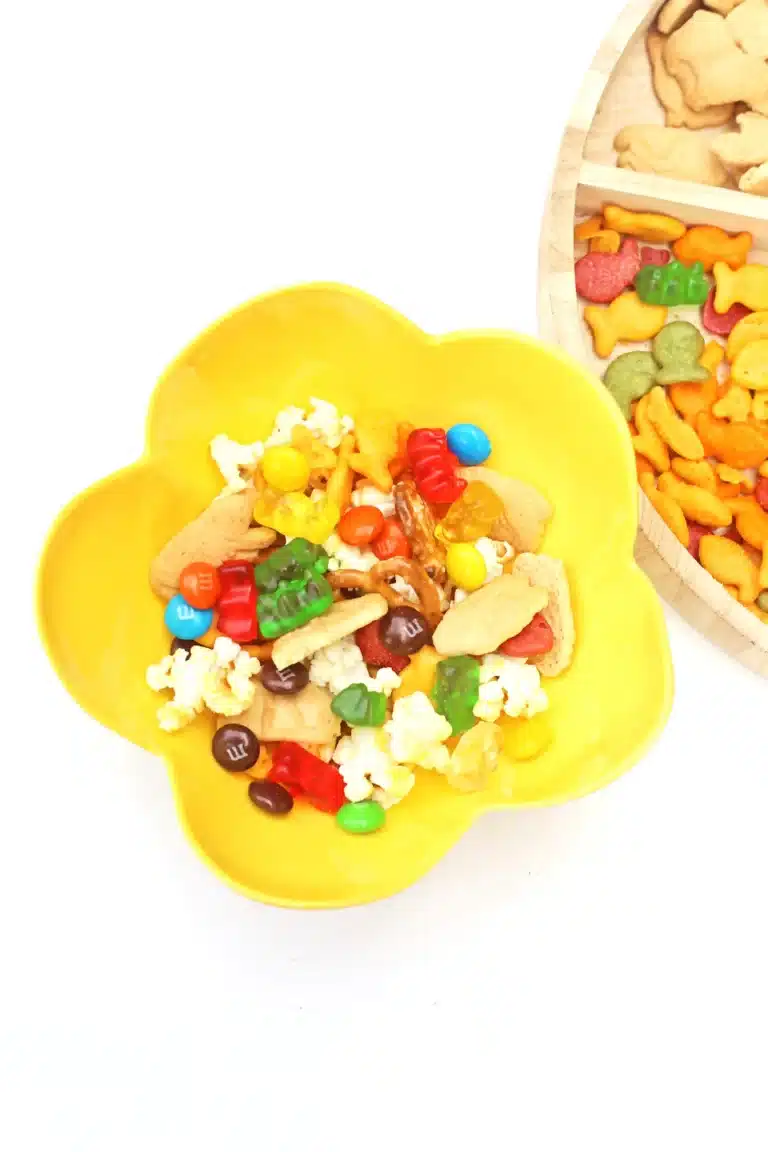 a zoo snack tray that has animal crackers, goldfish, pretzels, popcorn, m&ms and gummy bears