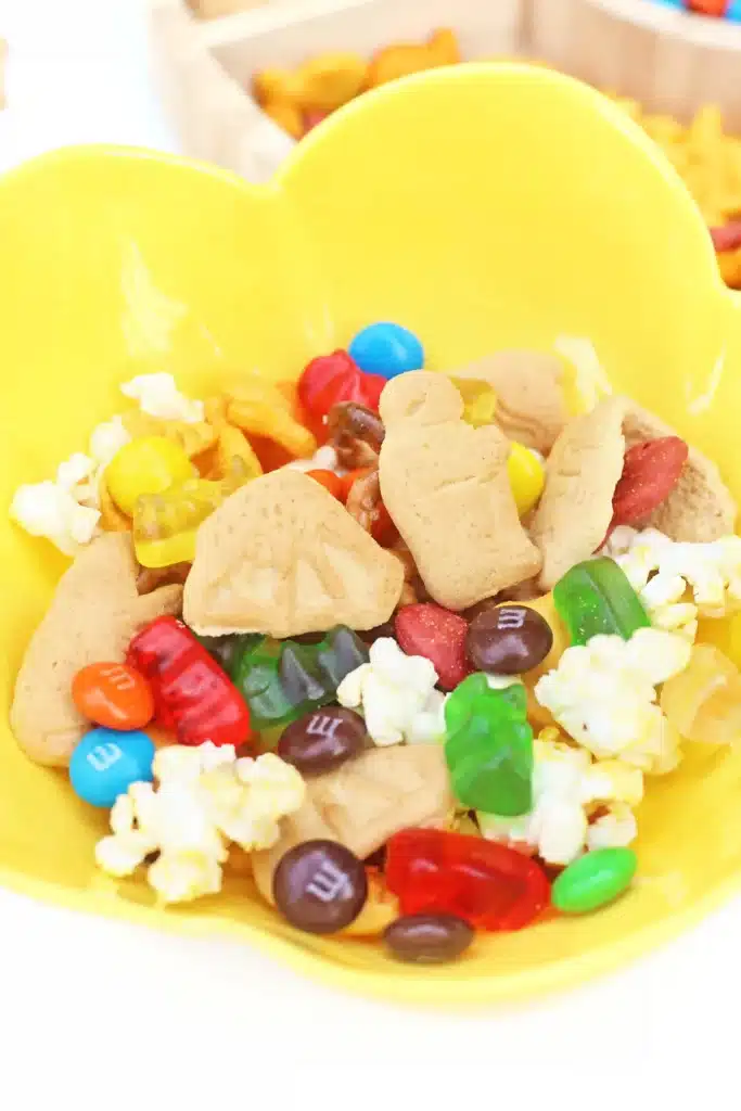 Zoo Snack Mix - Cultivating Brilliant Minds a zoo snack tray that has animal crackers, goldfish, pretzels, popcorn, m&ms and gummy bears