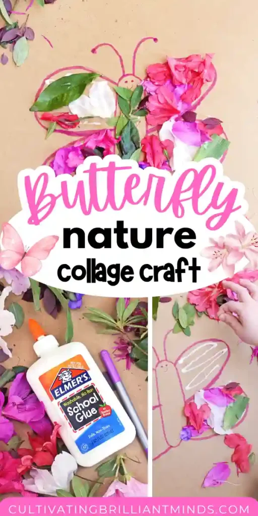 Butterfly Nature Collage - Cultivating Brilliant Minds a butterfly drawn on cardboard with flowers and leaves glued on it