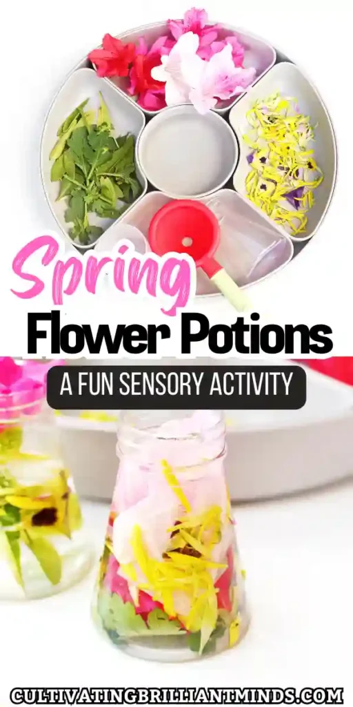 Spring Flowers Potion Sensory Activity - Cultivating Brilliant Minds flowers in a jar with water to make flower potions