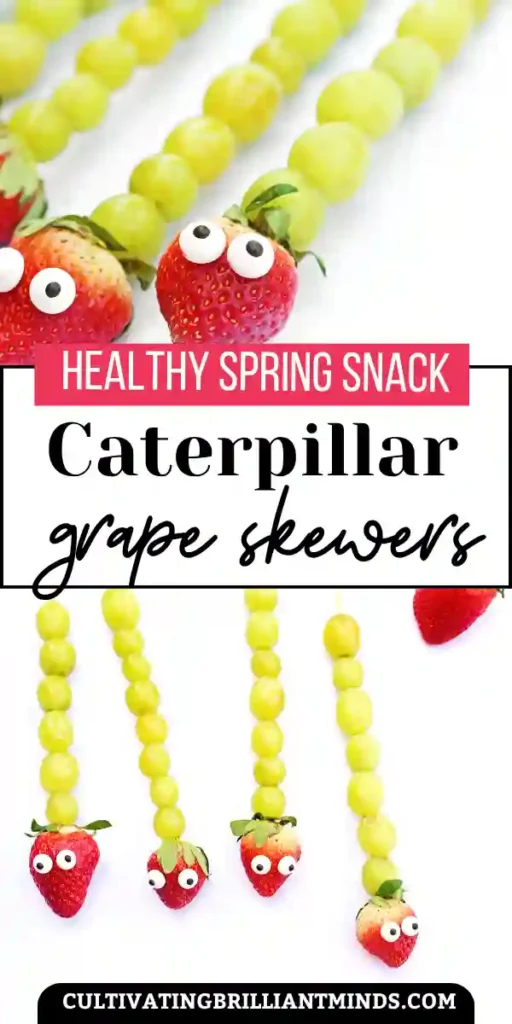 Caterpillar Grape Skewers - Cultivating Brilliant Minds skewers with grapes, a strawberry, and candy eyes on it to look like a caterpillar
