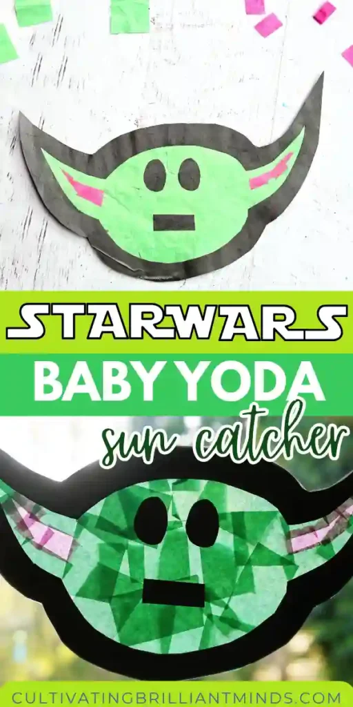 Baby Yoda Sun Catcher - Cultivating Brilliant Minds a star wars craft of a baby yoda sun catcher made from construction paper, tissue paper, and contact paper