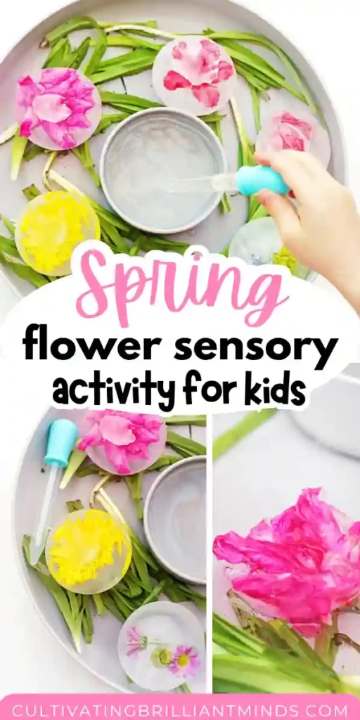 a tray with water, flower stems, and frozen flower petals in ice