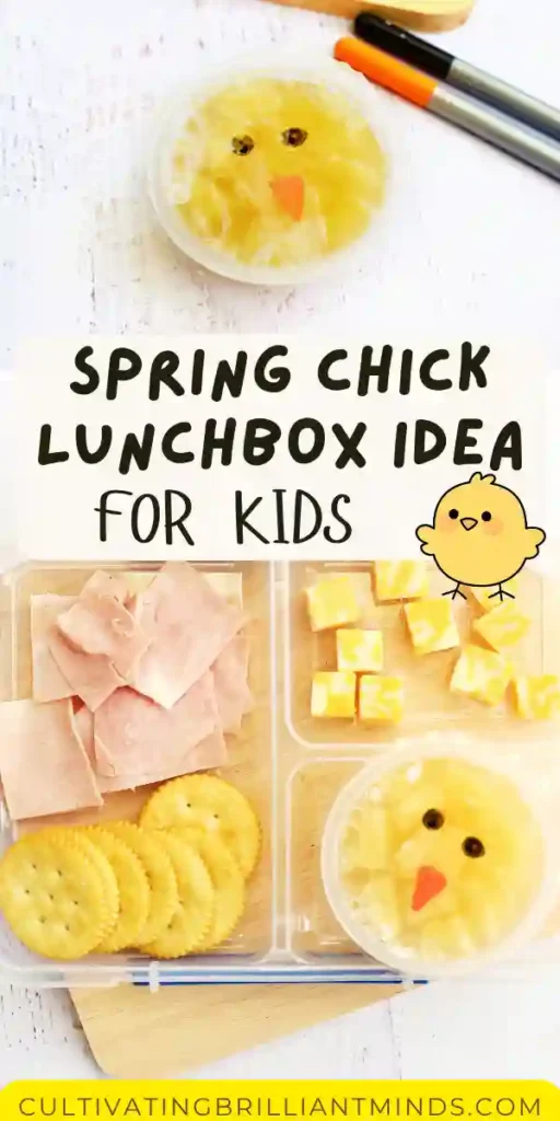 Spring Lunchbox Idea for Kids - Cultivating Brilliant Minds a spring lunchbox idea for kids that has ham, crackers, and cheese in a lunchbox along with a pineapple fruit cup with a chick face drawn on the lide