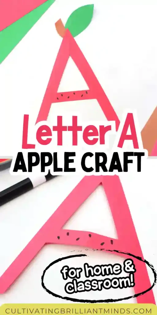 Letter A Apple Craft - Cultivating Brilliant Minds the letter a cut out of red construction paper with a leaf and stem glued on top